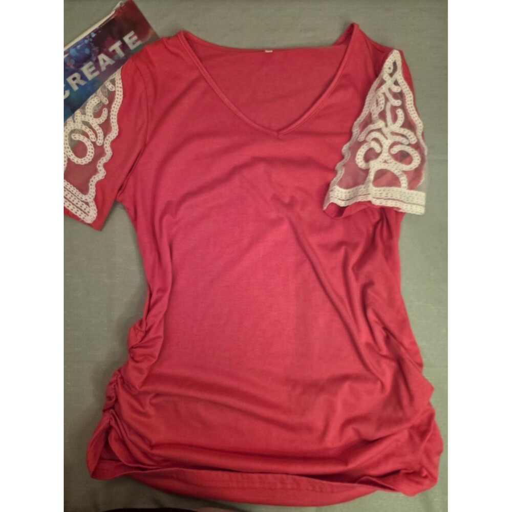 Women’s Pink Lace-Sleeve V-Neck Top Size M